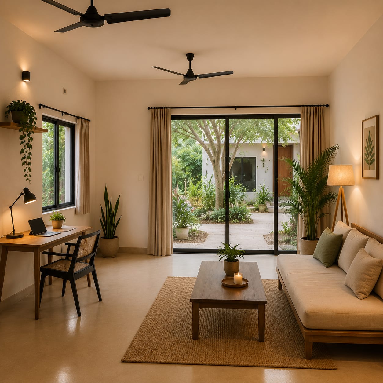Sunlit living room with work-friendly desk, cozy sofa, and courtyard garden view
