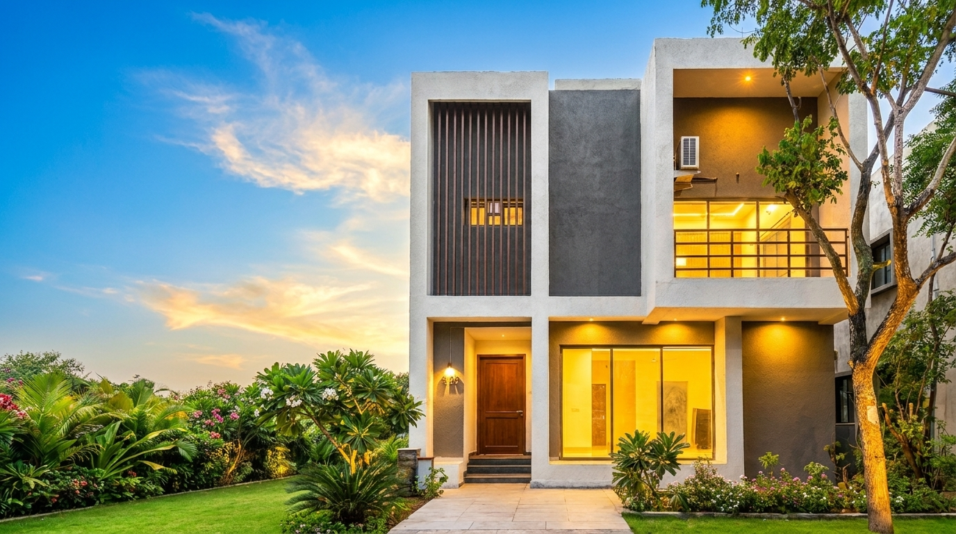 Nature Bliss Homestay independent villa at dusk, surrounded by lush greenery with warm interior lighting